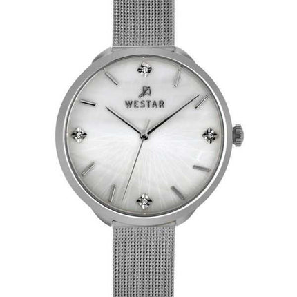 Westar Zing Crystal Accents Maglia in acciaio inossidabile Quadrante bianco in madreperla Orologio da donna al quarzo 00128STN11