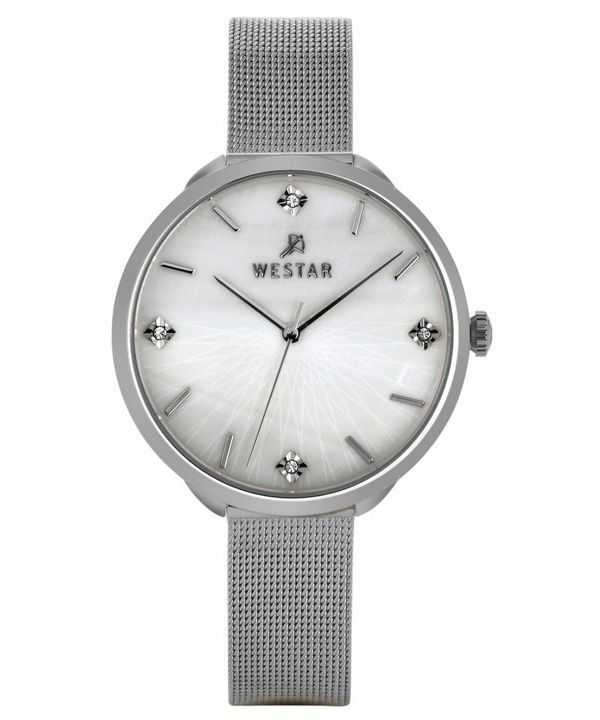 Westar Zing Crystal Accents Maglia in acciaio inossidabile Quadrante bianco in madreperla Orologio da donna al quarzo 00128STN11