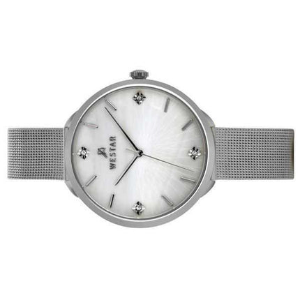 Westar Zing Crystal Accents Maglia in acciaio inossidabile Quadrante bianco in madreperla Orologio da donna al quarzo 00128STN11