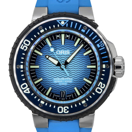 Orologio da uomo Oris Aquis Pro cinturino in gomma quadrante blu automatico subacqueo 01-400-7777-7155-Set 4000M
