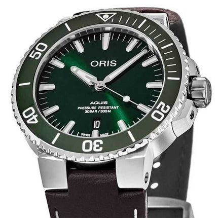 Oris Aquis Date cinturino in pelle quadrante verde automatico subacqueo 01 733 7732 4157-07 5 21 10FC 300M orologio da uomo