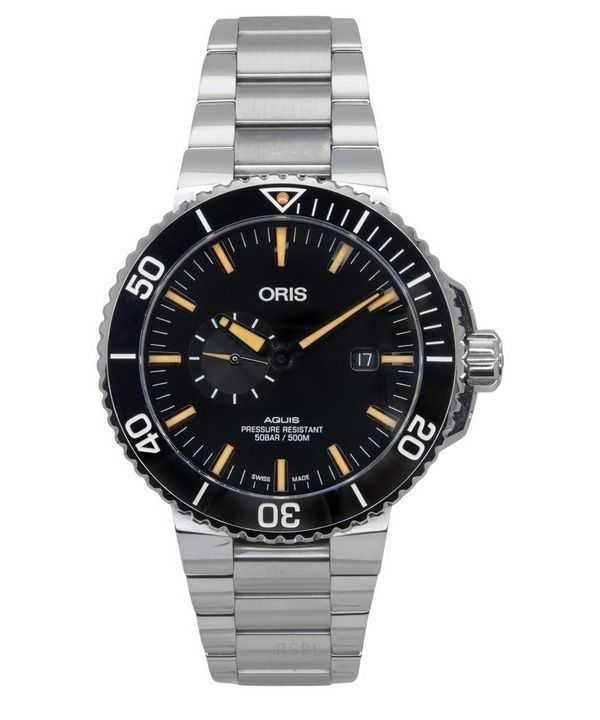 Orologio da uomo Oris Aquis Small Second in acciaio inossidabile con quadrante nero automatico subacqueo 01-743-7733-4159-07-8-2