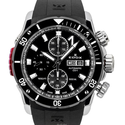 Orologio da uomo Edox CO-1 Cronografo con cinturino in gomma e quadrante nero, automatico, subacqueo, 01128-3NRCA-NN, 500 m