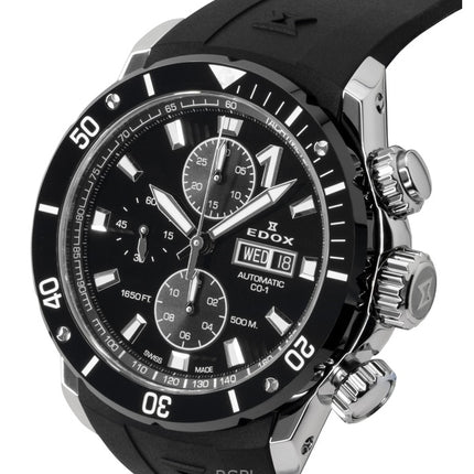Orologio da uomo Edox CO-1 Cronografo con cinturino in gomma e quadrante nero, automatico, subacqueo, 01128-3NRCA-NN, 500 m