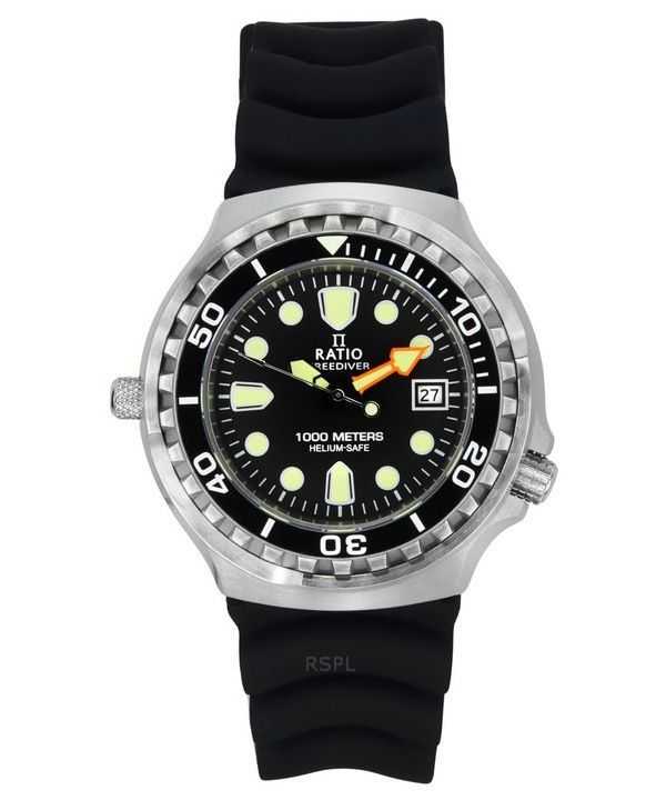 Orologio da uomo Ratio FreeDiver Version 02 Helium Safe 1000M Sapphire Quartz Quadrante nero 1038EF102V-BLK-V02