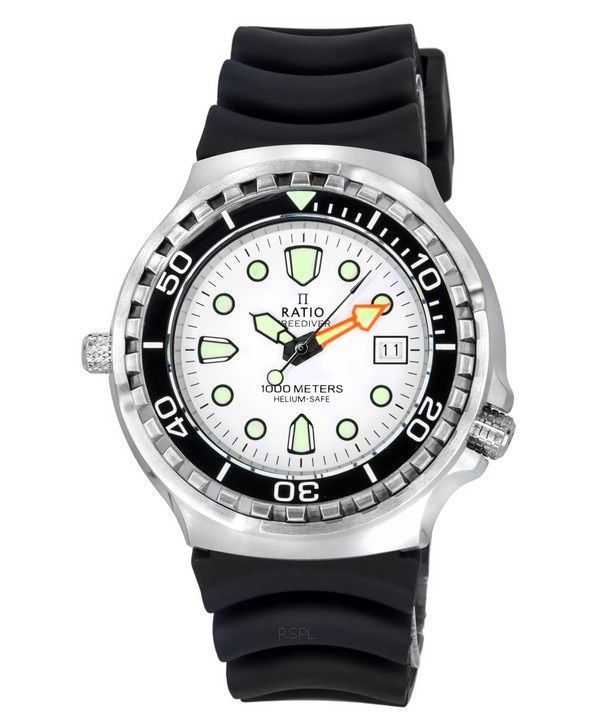 Orologio da uomo Ratio FreeDiver Helium Safe zaffiro quarzo quadrante bianco 1038EF102V-WHT 1000M