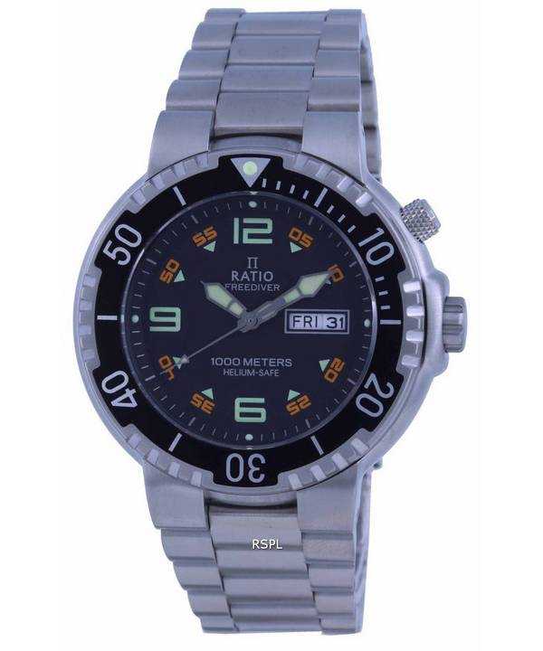 Orologio da uomo Ratio FreeDiver quadrante nero in acciaio inossidabile al quarzo 1050HA93-19V-BLK 1000M
