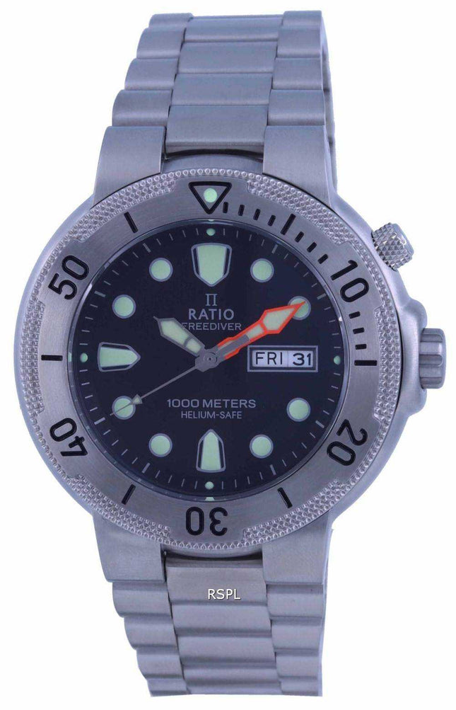 Orologio da uomo Ratio FreeDiver quadrante nero in acciaio inossidabile al quarzo 1050MD93-02V-BLK 1000M
