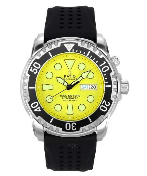 Orologio da uomo Ratio FreeDiver versione 03 Helium Safe 1000M automatico con quadrante giallo 1068HA90-34VA-YLW-V03