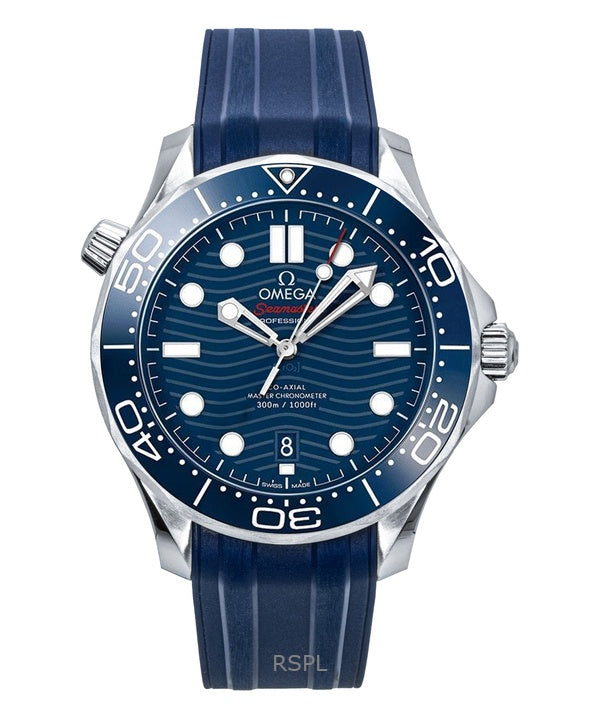 Orologio da uomo Omega Seamaster con cinturino in gomma e quadrante blu, automatico, subacqueo, 210.32.42.20.03.001, 300 m