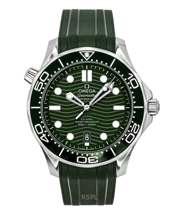 Orologio da uomo Omega Seamaster con cinturino in gomma e quadrante verde, automatico, subacqueo, 210.32.42.20.10.001, 300 m