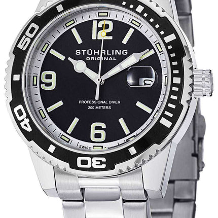 Orologio da uomo Stuhrling Original Regatta Aquadiver 200M con quadrante nero al quarzo quadrante 415.01