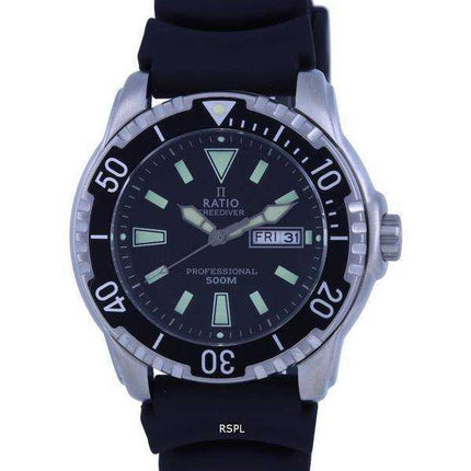 Orologio da uomo Ratio FreeDiver con quadrante nero e cinturino in PU al quarzo 48HA90-12-BLK 500m