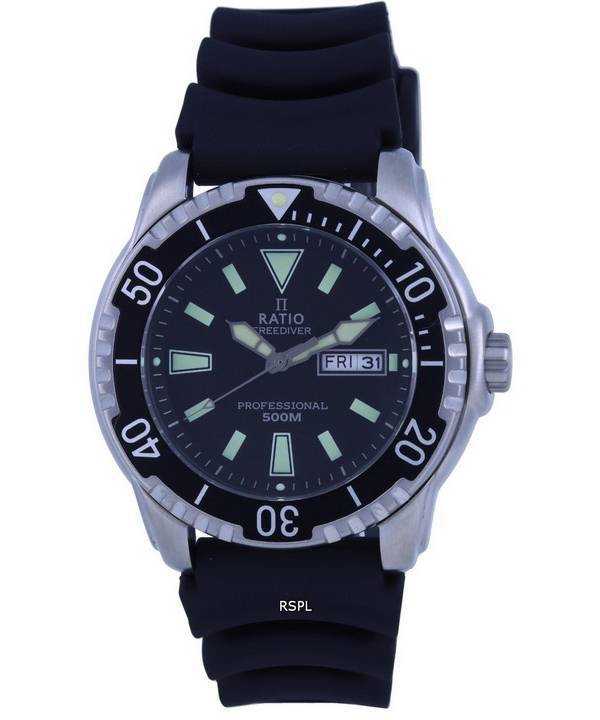 Orologio da uomo Ratio FreeDiver con quadrante nero e cinturino in PU al quarzo 48HA90-12-BLK 500m