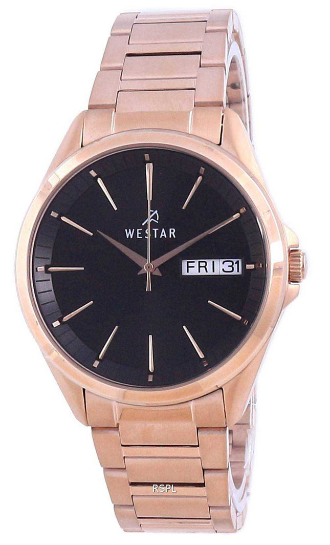 Orologio da uomo Westar quadrante nero tono oro rosa in acciaio inossidabile al quarzo 50212 PPN 603