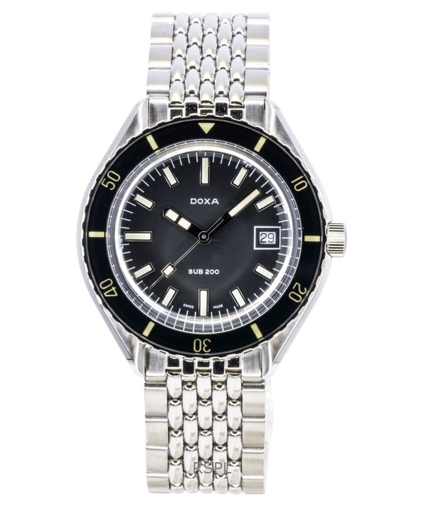 Orologio da uomo Doxa SUB 200 Sharkhunter in acciaio inossidabile con quadrante nero, automatico, subacqueo, 799.10.101.10, impermeabile fino a 200 metri.