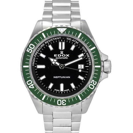 Orologio da uomo Edox Neptunian in acciaio inossidabile con quadrante nero automatico subacqueo 80120 3VM NIN 1000M