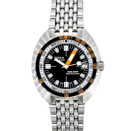 Orologio da uomo Doxa SUB 200T Sharkhunter in acciaio inossidabile con quadrante nero, automatico, subacqueo, modello 804.10.101.10, impermeabile fino a 200 metri.