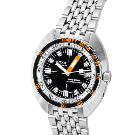 Orologio da uomo Doxa SUB 200T Sharkhunter in acciaio inossidabile con quadrante nero, automatico, subacqueo, modello 804.10.101.10, impermeabile fino a 200 metri.