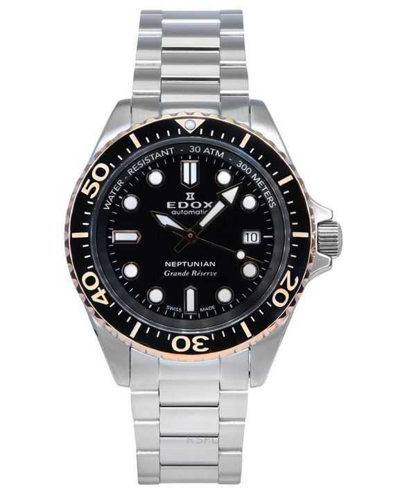 Orologio da uomo Edox Neptunian Grande Reserve con quadrante nero automatico subacqueo 80801 3NRM NIR 300M