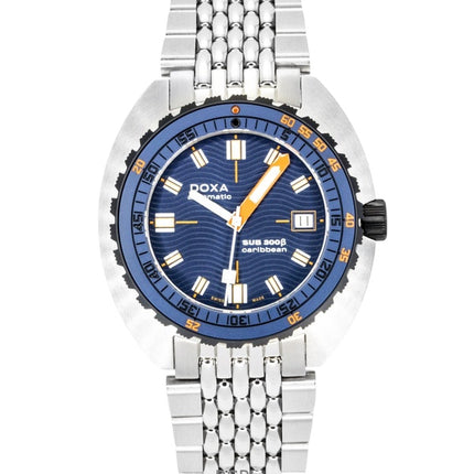 Orologio da uomo Doxa SUB 300 Beta Caribbean in acciaio inossidabile con quadrante blu, automatico, subacqueo, modello 830.10.201.10, impermeabile fino a 300 metri, con cinturino extra.
