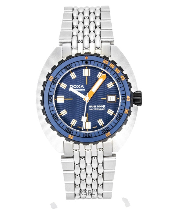 Orologio da uomo Doxa SUB 300 Beta Caribbean in acciaio inossidabile con quadrante blu, automatico, subacqueo, modello 830.10.201.10, impermeabile fino a 300 metri, con cinturino extra.