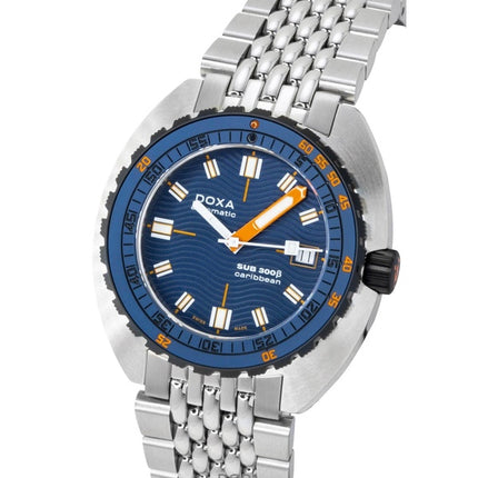 Orologio da uomo Doxa SUB 300 Beta Caribbean in acciaio inossidabile con quadrante blu, automatico, subacqueo, modello 830.10.201.10, impermeabile fino a 300 metri, con cinturino extra.