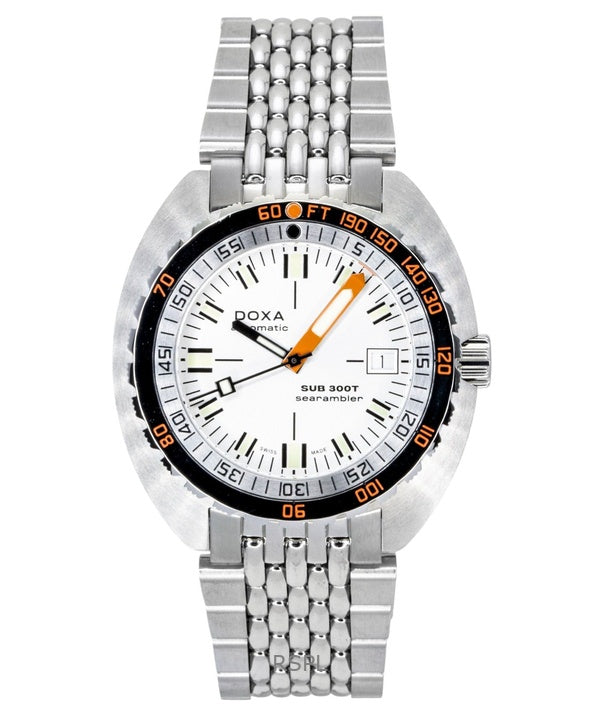 Orologio da uomo Doxa SUB 300 Searambler in acciaio inossidabile con quadrante argentato, automatico, subacqueo, 840.10.021.10, impermeabile fino a 1200 metri, con cinturino extra.