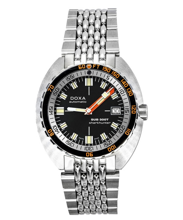 Orologio da uomo Doxa SUB 300T Sharkhunter in acciaio inossidabile con quadrante nero, automatico, subacqueo, 840.10.101.10, 1200 m, con cinturino extra