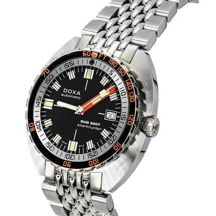 Orologio da uomo Doxa SUB 300T Sharkhunter in acciaio inossidabile con quadrante nero, automatico, subacqueo, 840.10.101.10, 1200 m, con cinturino extra