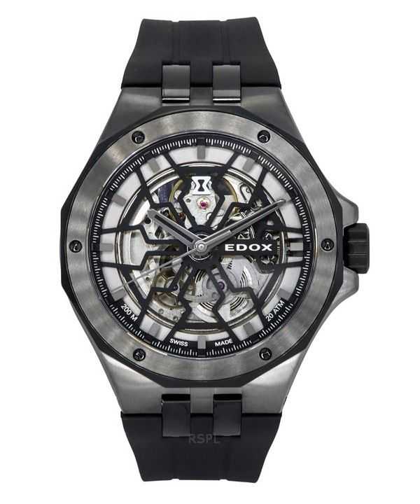 Edox Delfin The Original Mecano Cinturino in gomma Scheletrato Quadrante nero Orologio automatico subacqueo 85303 357GN NGN 200M
