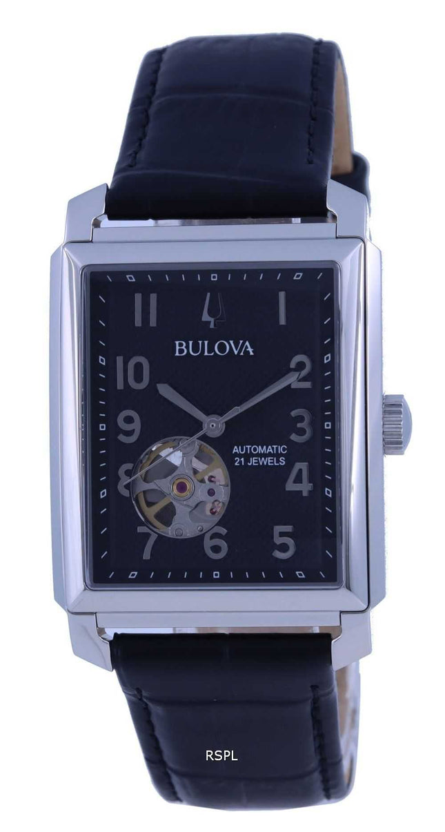 Bulova Sutton Open Heart quadrante nero cinturino in pelle automatico 96A269 orologio da uomo