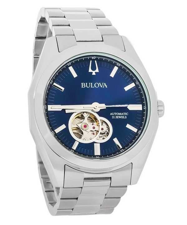 Orologio da uomo Bulova Classic Surveyor in acciaio inossidabile con quadrante a cuore aperto blu automatico 96A275