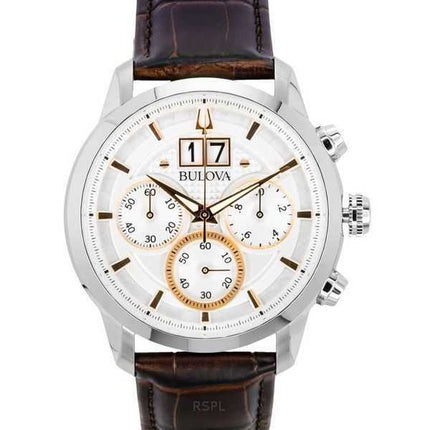 Orologio da uomo Bulova Sutton Big Date Cronografo Cinturino in pelle marrone Quadrante argento Quarzo 96B309