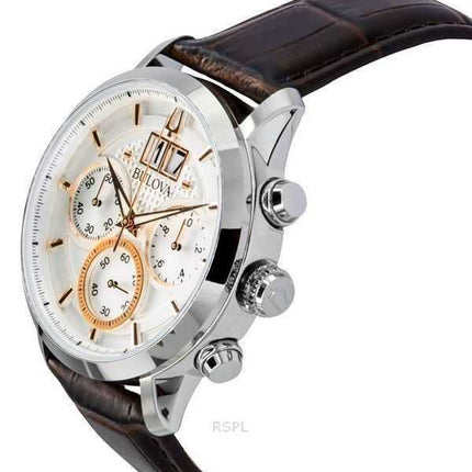 Orologio da uomo Bulova Sutton Big Date Cronografo Cinturino in pelle marrone Quadrante argento Quarzo 96B309