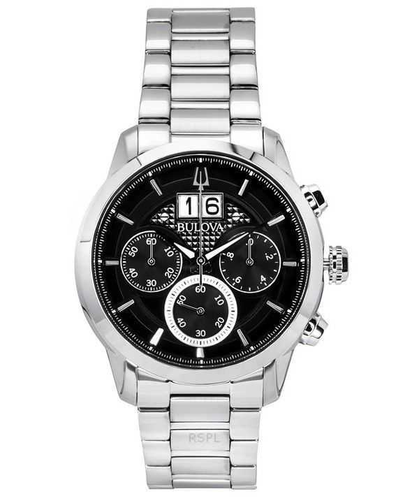 Orologio da uomo Bulova Sutton Big Date Chronograph in acciaio inossidabile con quadrante nero al quarzo 96B319