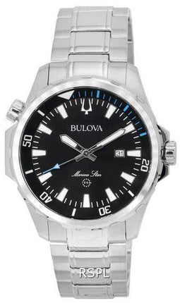 Orologio da uomo Bulova Marine Star con cinturino in acciaio inossidabile con quadrante Sunray nero al quarzo 96B382 100M