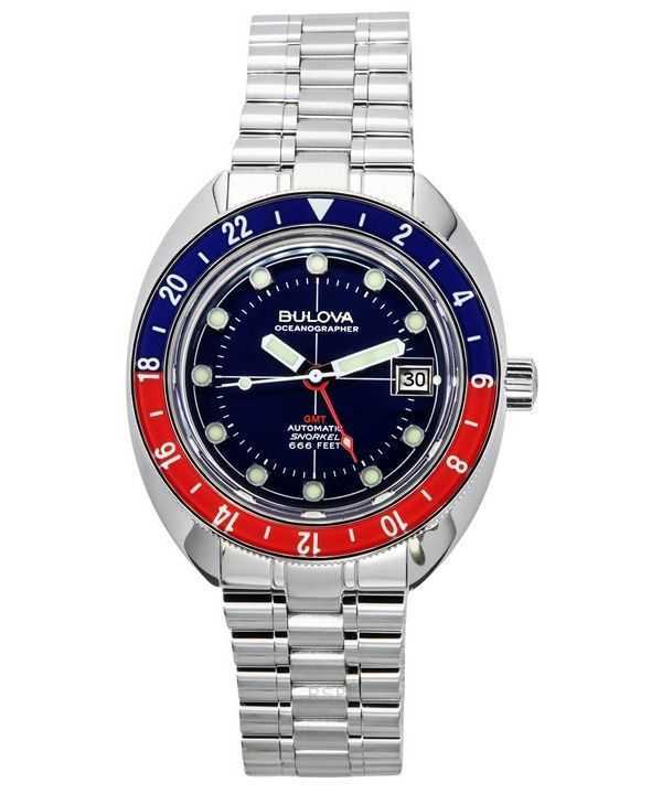 Orologio da uomo Bulova Oceanographer GMT in acciaio inossidabile con quadrante blu automatico subacqueo 96B405 200M