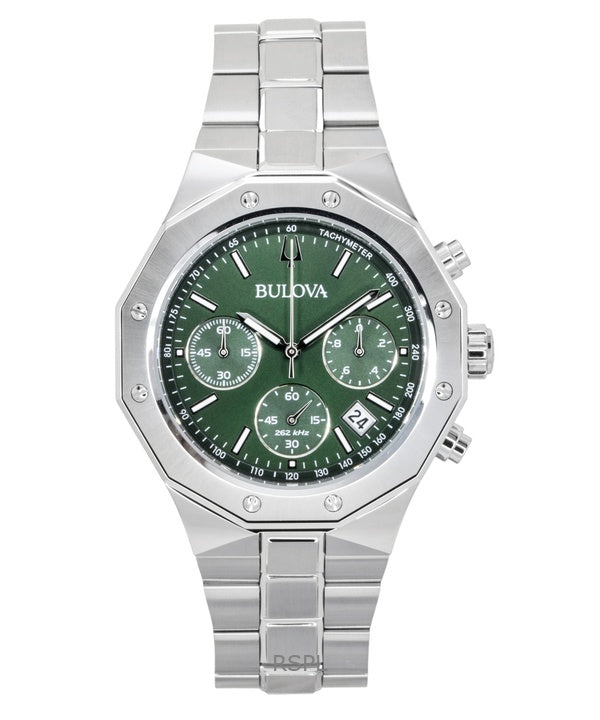 Orologio da uomo Bulova Octagon Prestige Chronograph in acciaio inossidabile con quadrante verde al quarzo 96B409 100M