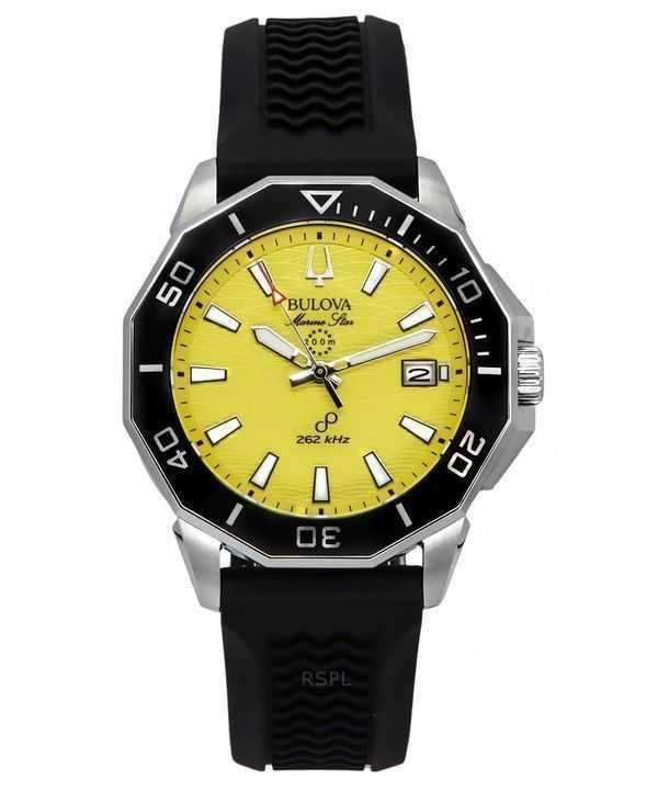 Orologio da uomo Bulova Marine Star con cinturino in silicone nero e quadrante giallo Precisionist Quartz Diver&#39;s 200M 96B43