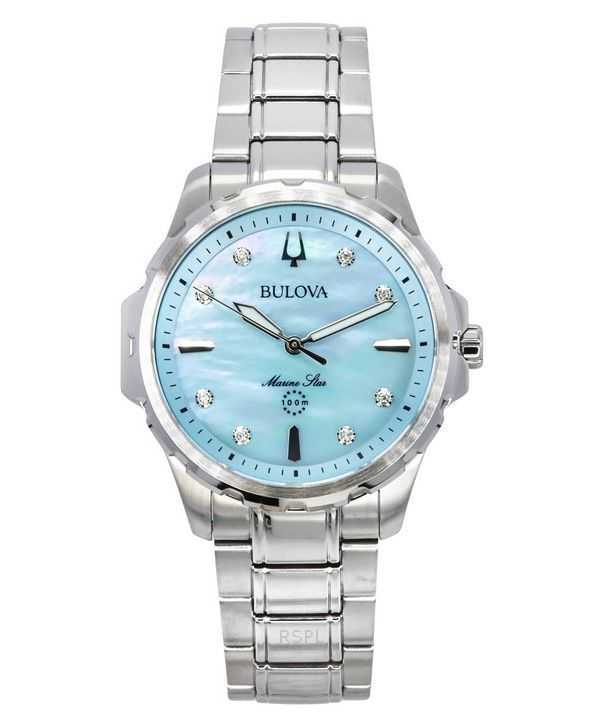 Orologio da donna Bulova Marine Star Diamond Accents in acciaio inossidabile con quadrante in madreperla blu al quarzo 96P248 10