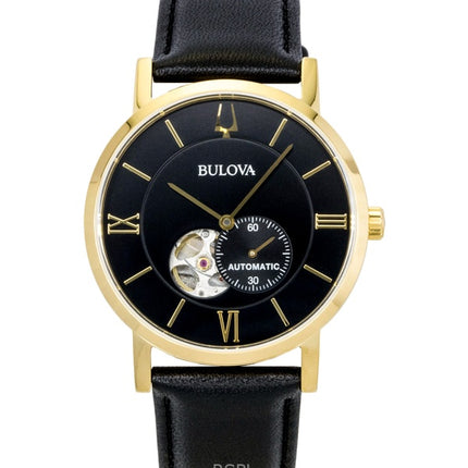 Orologio da uomo Bulova American Clipper con cinturino in pelle Open Heart e quadrante nero automatico 97A154
