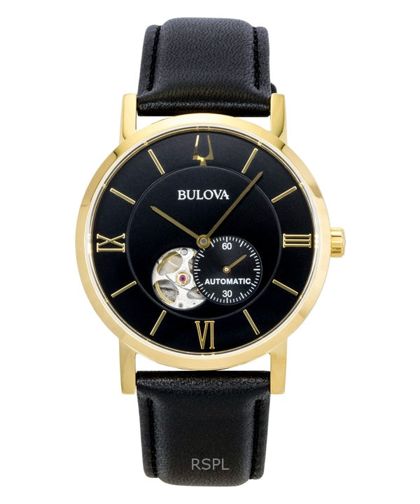 Orologio da uomo Bulova American Clipper con cinturino in pelle Open Heart e quadrante nero automatico 97A154