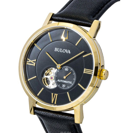 Orologio da uomo Bulova American Clipper con cinturino in pelle Open Heart e quadrante nero automatico 97A154