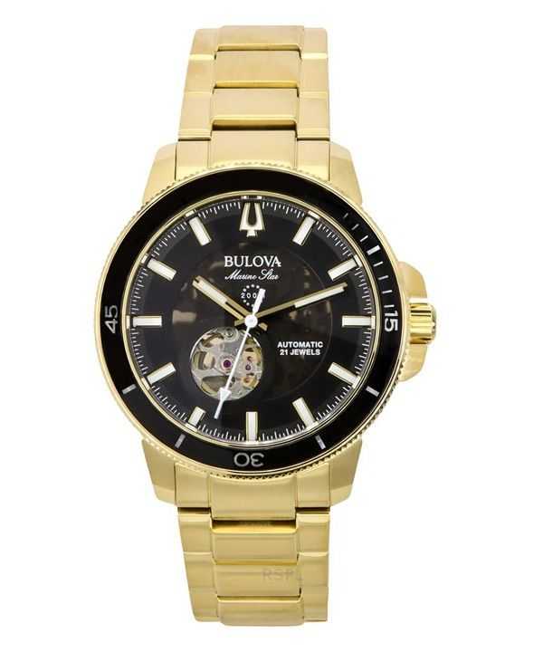 Orologio da uomo Bulova Marine Star in acciaio inossidabile color oro con quadrante nero, automatico, subacqueo, 97A174, 200 m