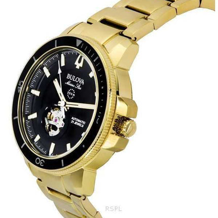 Orologio da uomo Bulova Marine Star in acciaio inossidabile color oro con quadrante nero, automatico, subacqueo, 97A174, 200 m