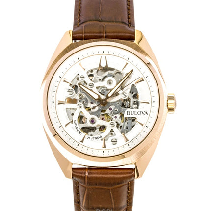 Orologio da uomo Bulova Surveyor con cinturino in pelle, quadrante scheletrato argentato e movimento automatico 97A175