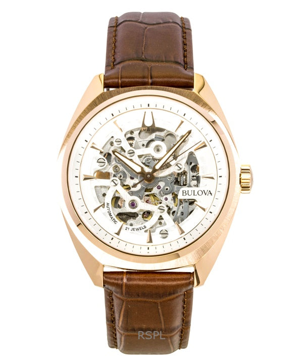 Orologio da uomo Bulova Surveyor con cinturino in pelle, quadrante scheletrato argentato e movimento automatico 97A175