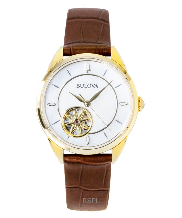 Orologio da donna Bulova Sutton con cinturino in pelle, quadrante in madreperla e cuore aperto, automatico, 97L179