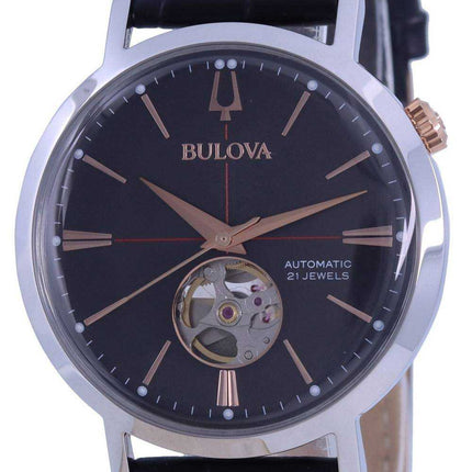 Bulova classico cuore aperto quadrante grigio cinturino in pelle automatico 98A187 orologio da uomo